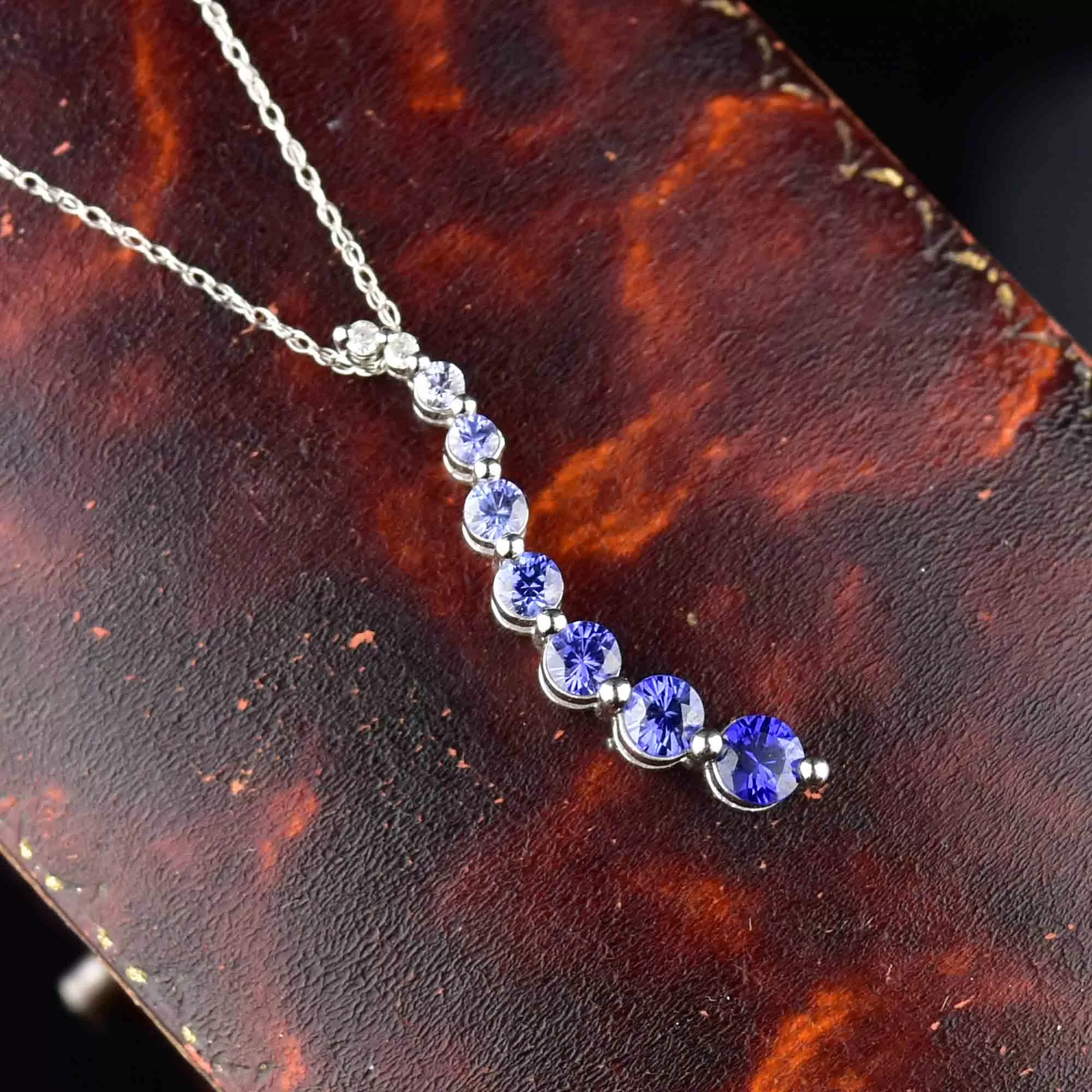 10K White Gold Diamond Sapphire Ombre Journey Pendant Necklace