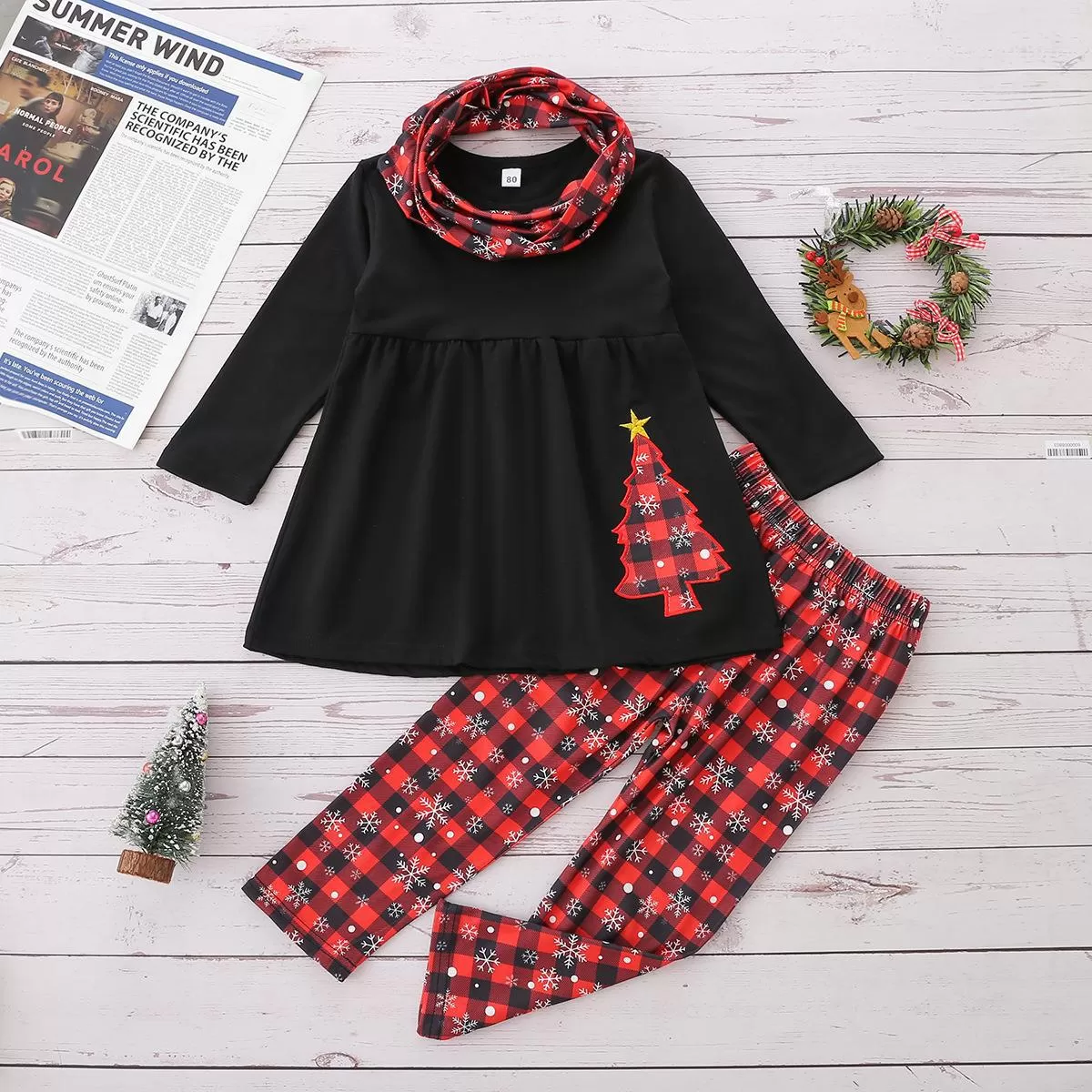 2022 Toddler Girls Christmas Embroidered Top Plaid Pants Set