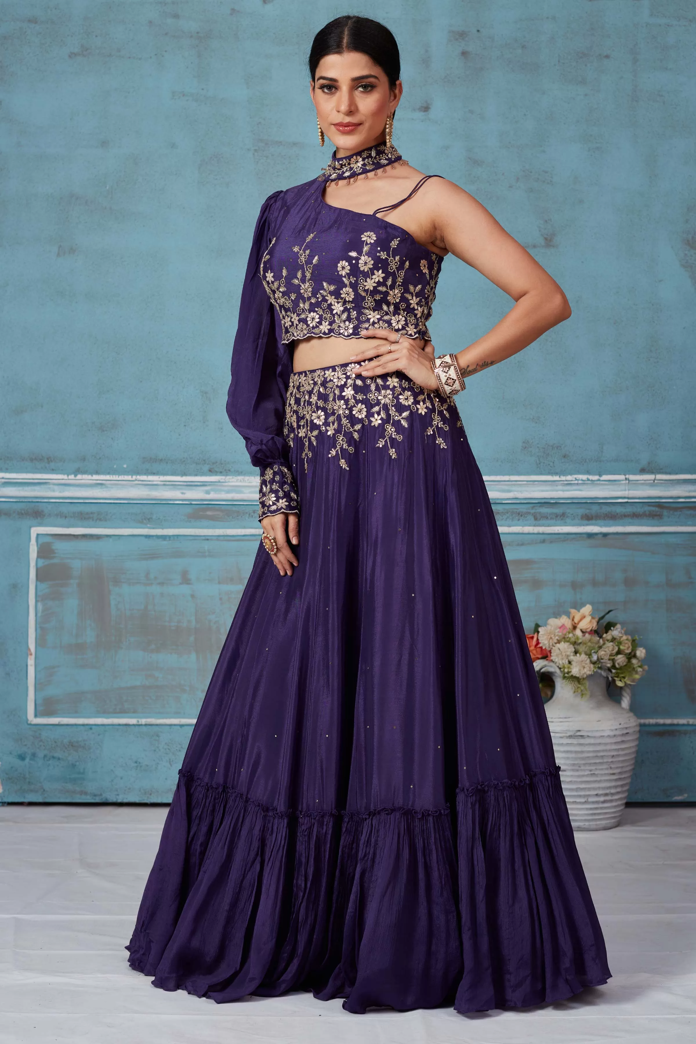 32A041 Purple Georgette Embroidered Contemporary Skirt Set