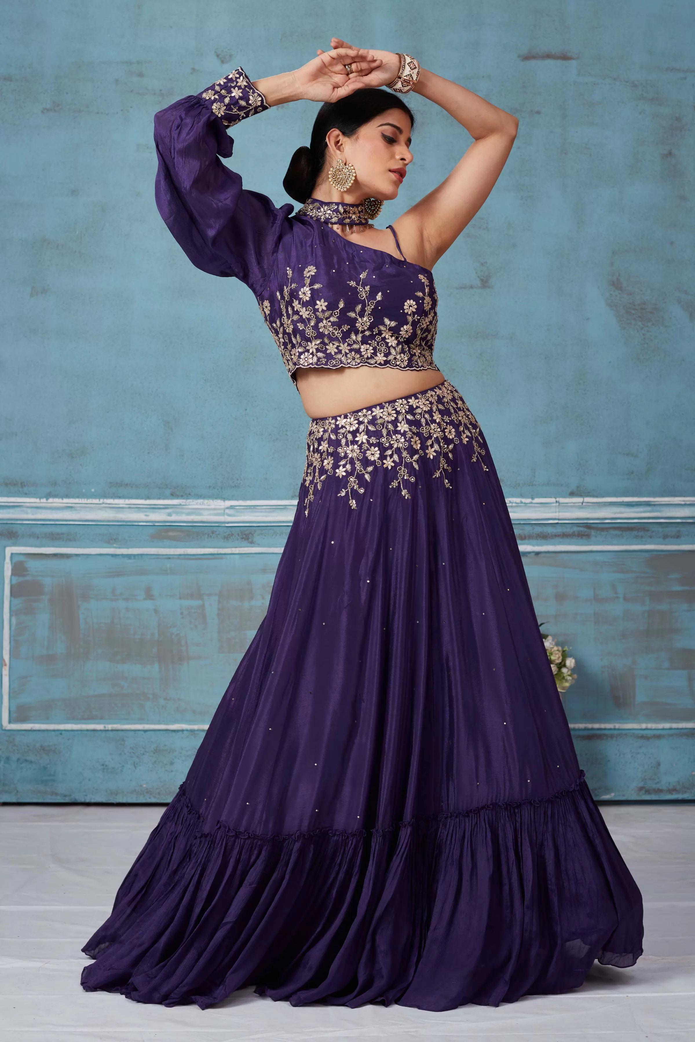 32A041 Purple Georgette Embroidered Contemporary Skirt Set