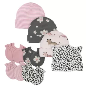 8-Piece Baby Girls Leopard Caps & Mittens Set