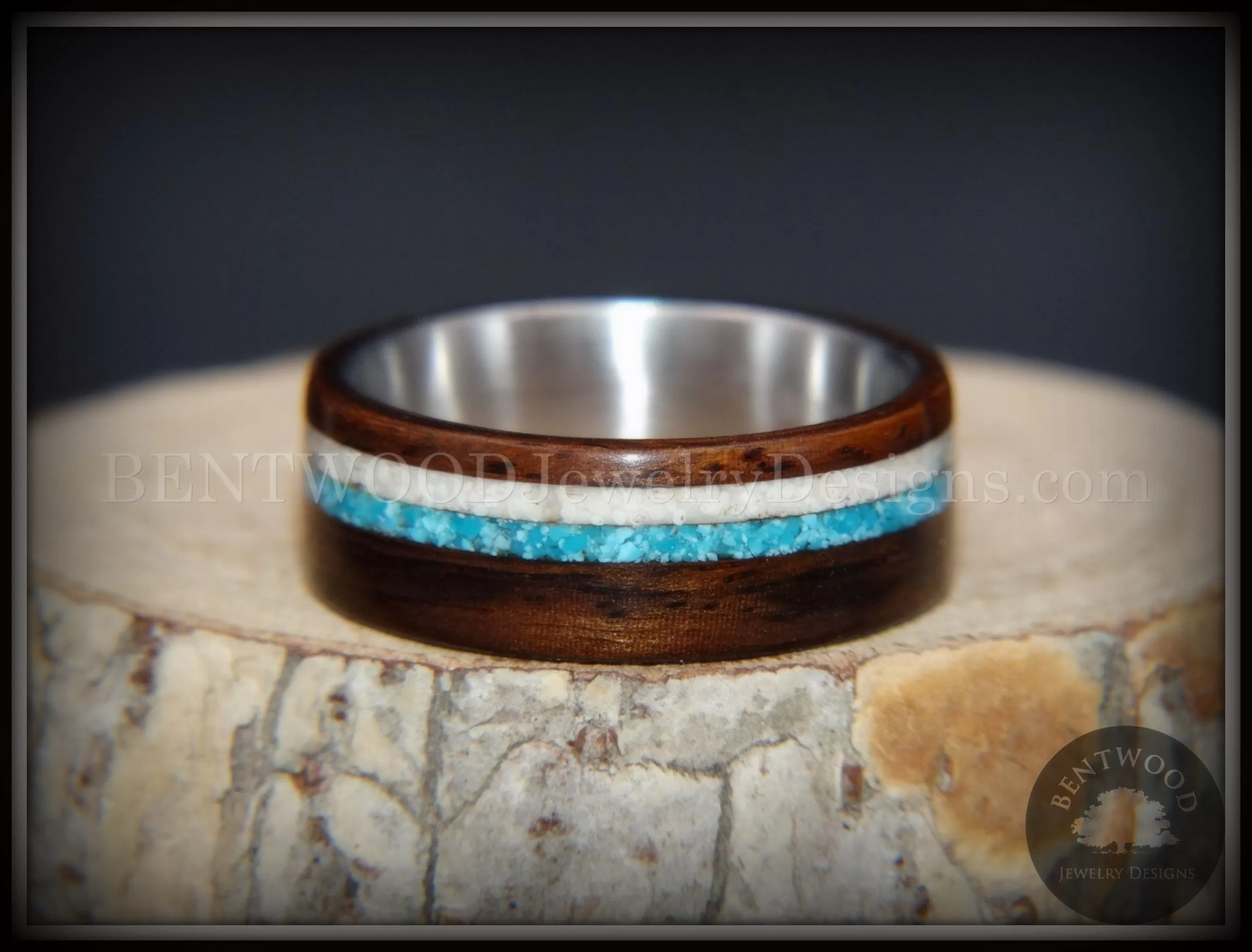 Bentwood Rings Set - Paired Single Rosewood Wood Ring with Sleeping Beauty Turquoise and Beach Sand Inlay