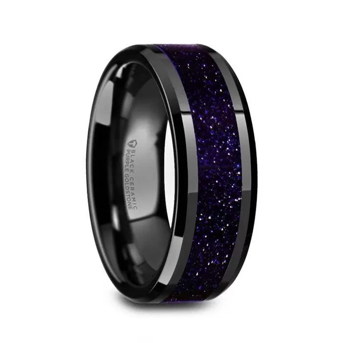 Black Beveled Purple Goldstone Inlay Ceramic Band