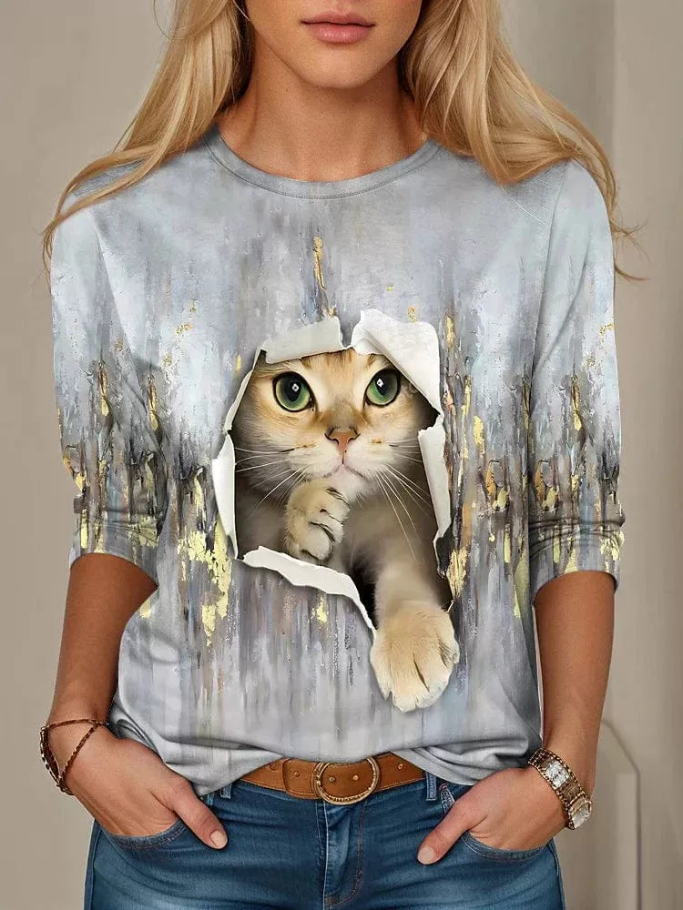 Blue Purple Green 3D Cat Print Women's Long Sleeve T-shirt