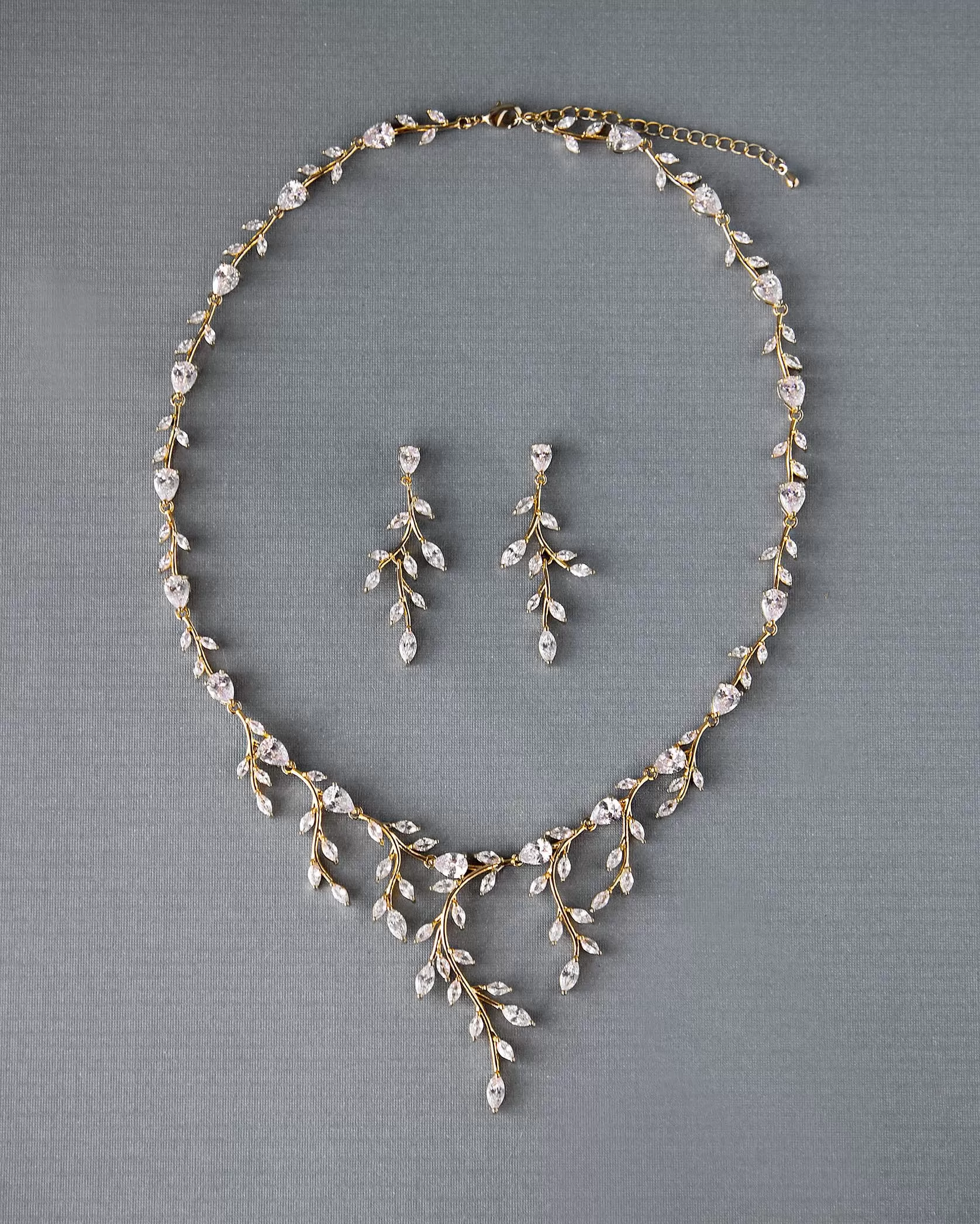 Bridal Necklace and Earrings of Marquise CZ Vines