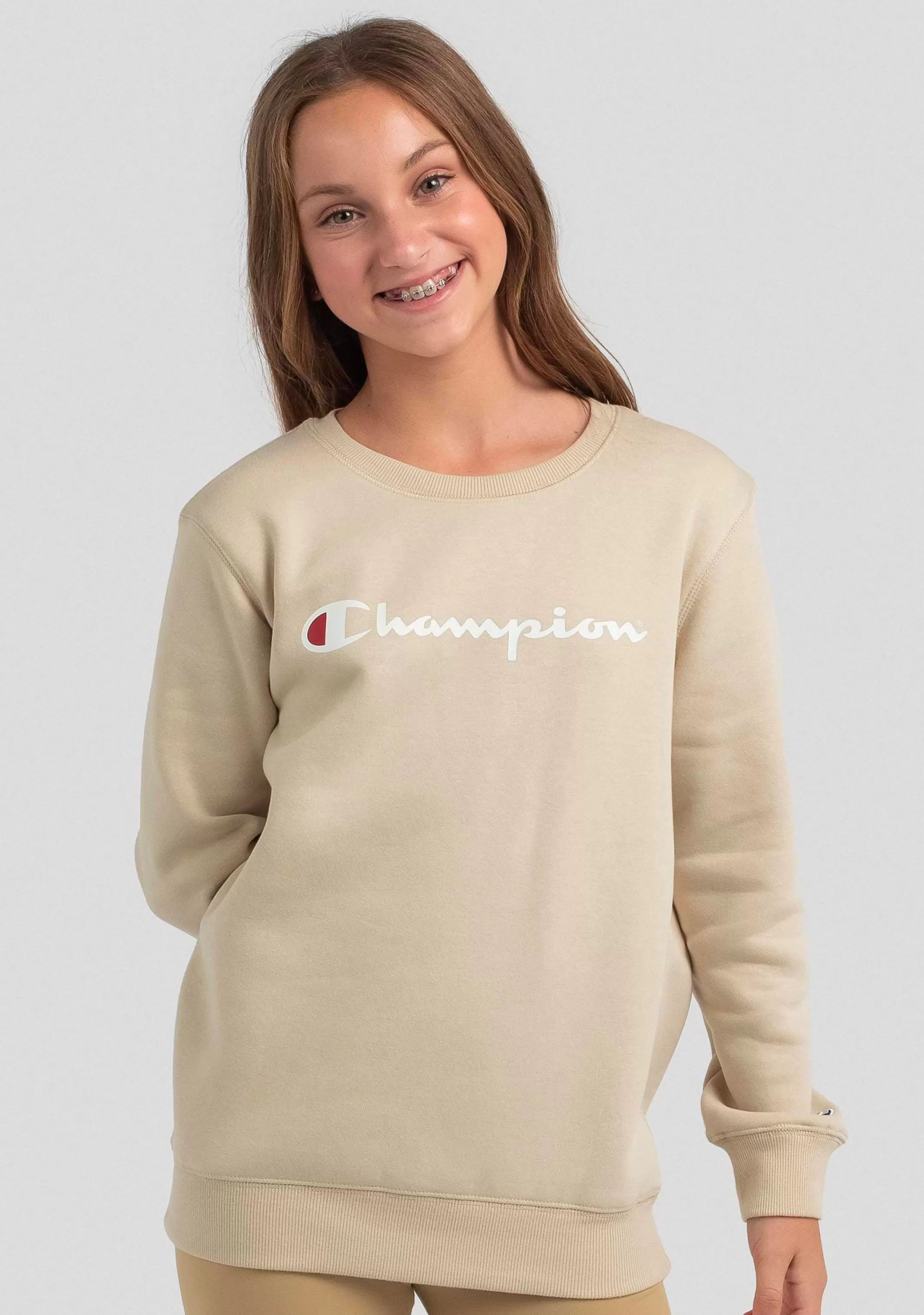 Champion Junior Script Logo Crew Beige <br> KXJCN EQQ