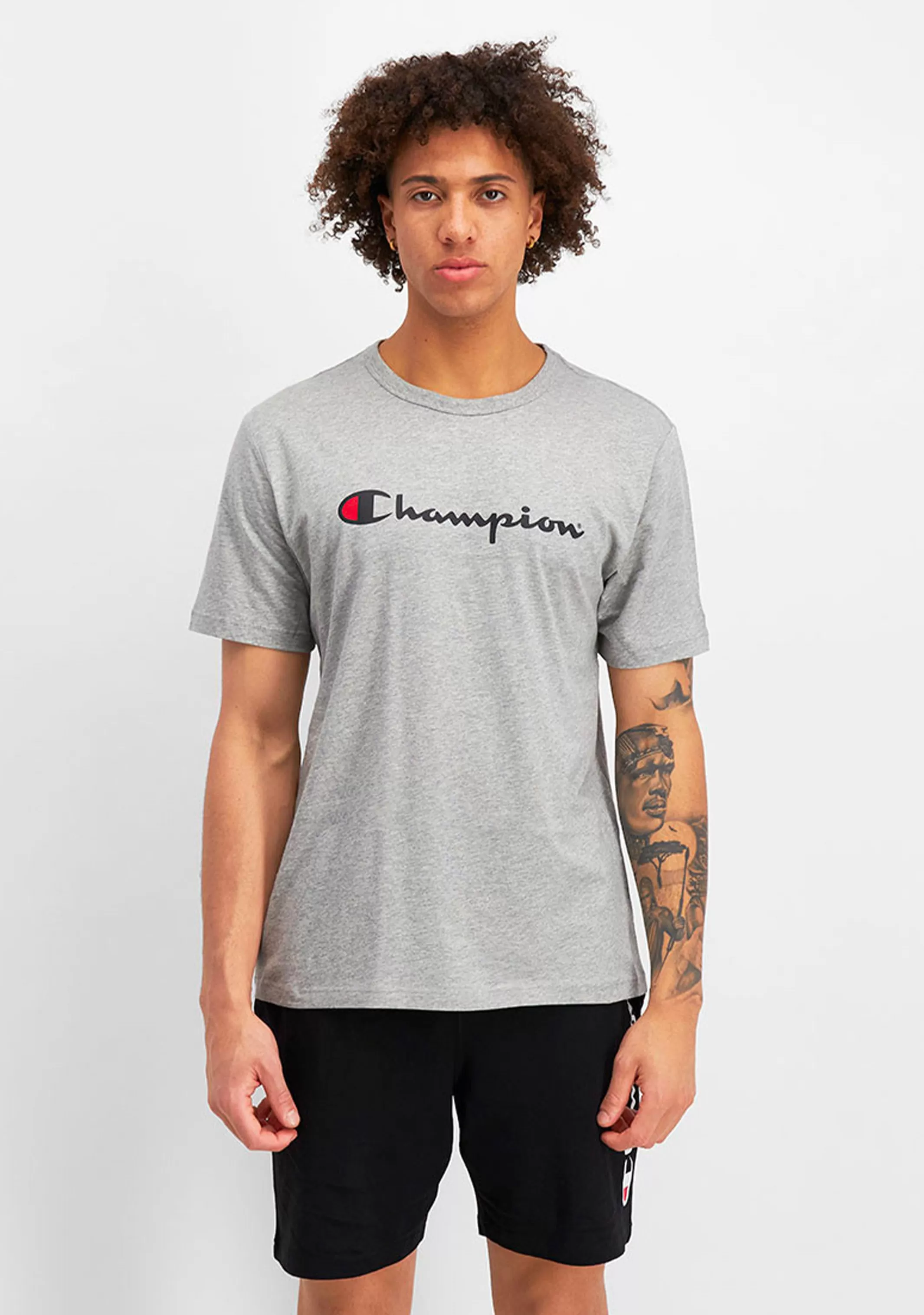 Champion Mens Script Logo Short Sleeve Tee Grey  <br> AXQPN A3R