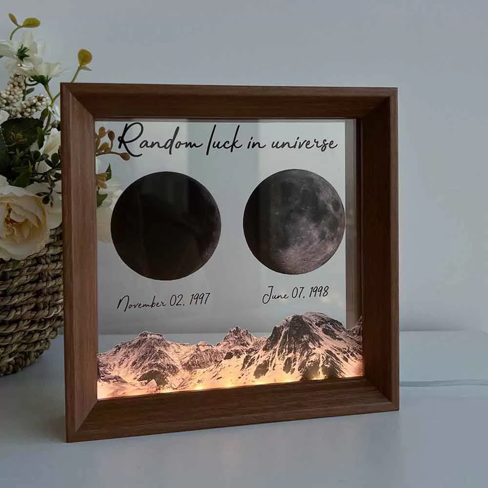 Custom Moon Phase LED Frame Wood Lunar Print Frame Personalized Birthday Moon Phases Photo Frame