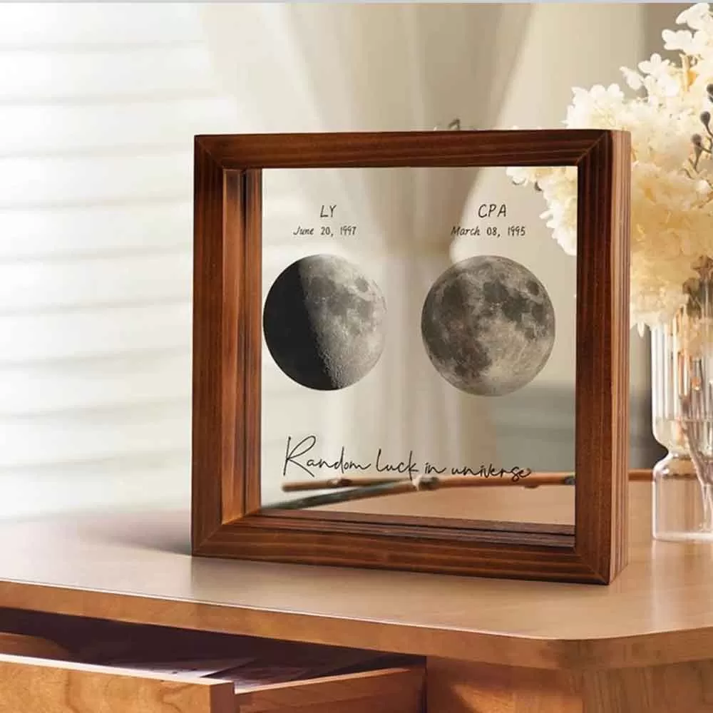 Custom Moon Phase LED Frame Wood Lunar Print Frame Personalized Birthday Moon Phases Photo Frame