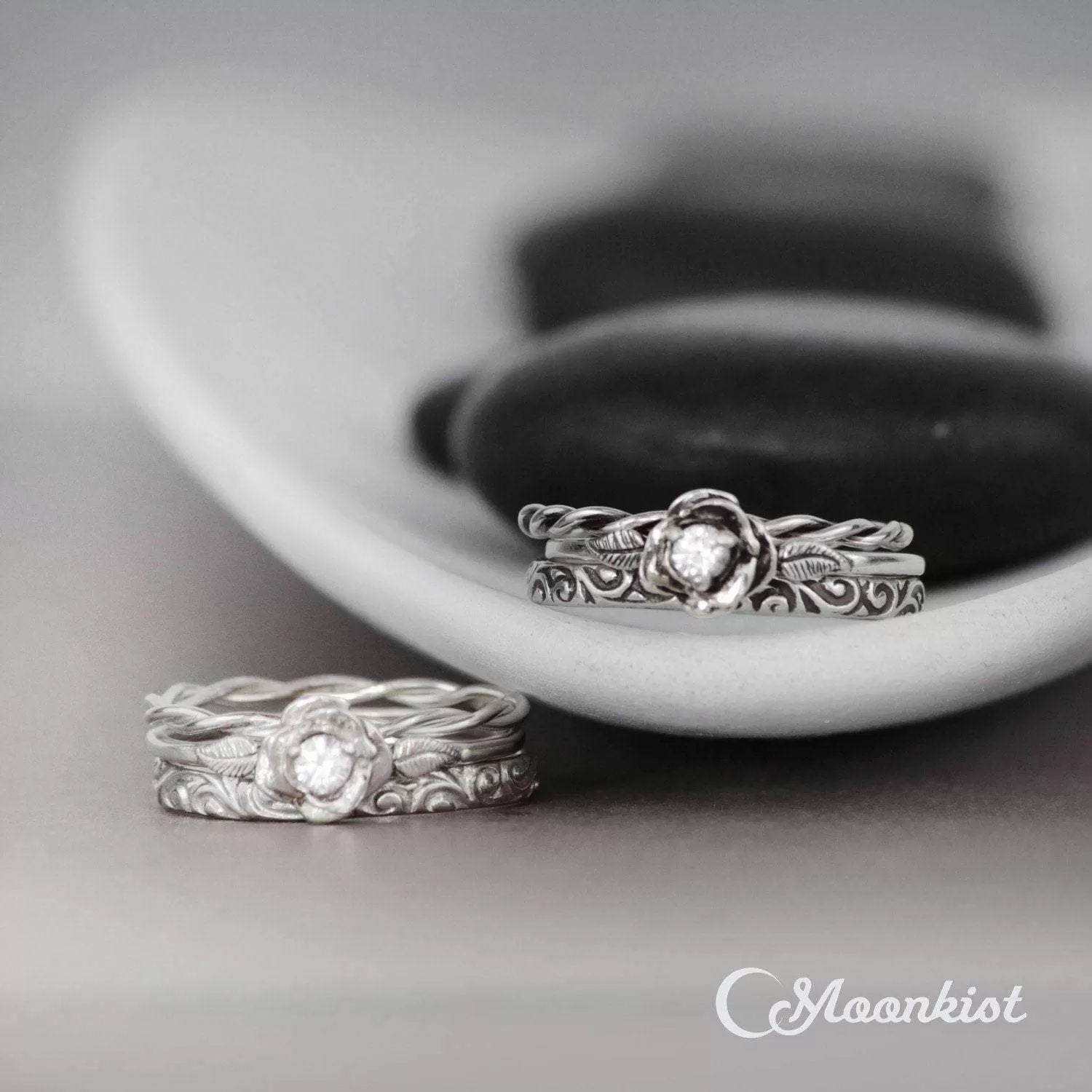 Dainty Three Ring Rose Stacking Wedding Ring Set | Moonkist Designs