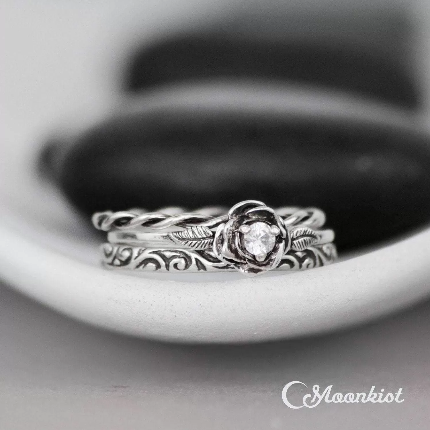 Dainty Three Ring Rose Stacking Wedding Ring Set | Moonkist Designs