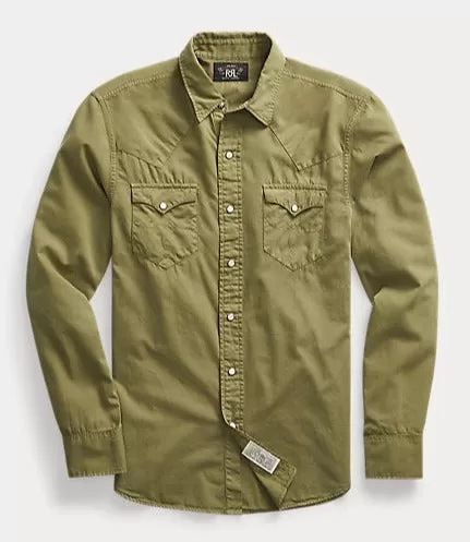 Double RL - Slim Fit Twill Western Shirt in Olive