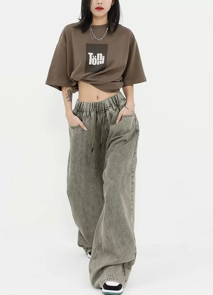 Elastic Waist Wide Leg Jeans