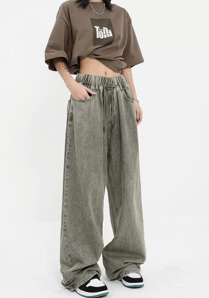 Elastic Waist Wide Leg Jeans