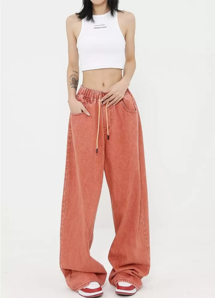 Elastic Waist Wide Leg Jeans