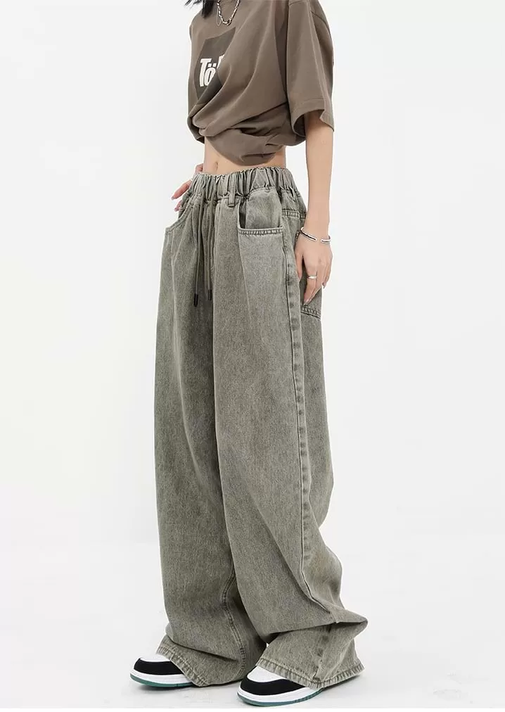 Elastic Waist Wide Leg Jeans