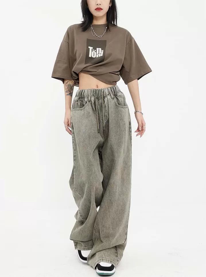 Elastic Waist Wide Leg Jeans