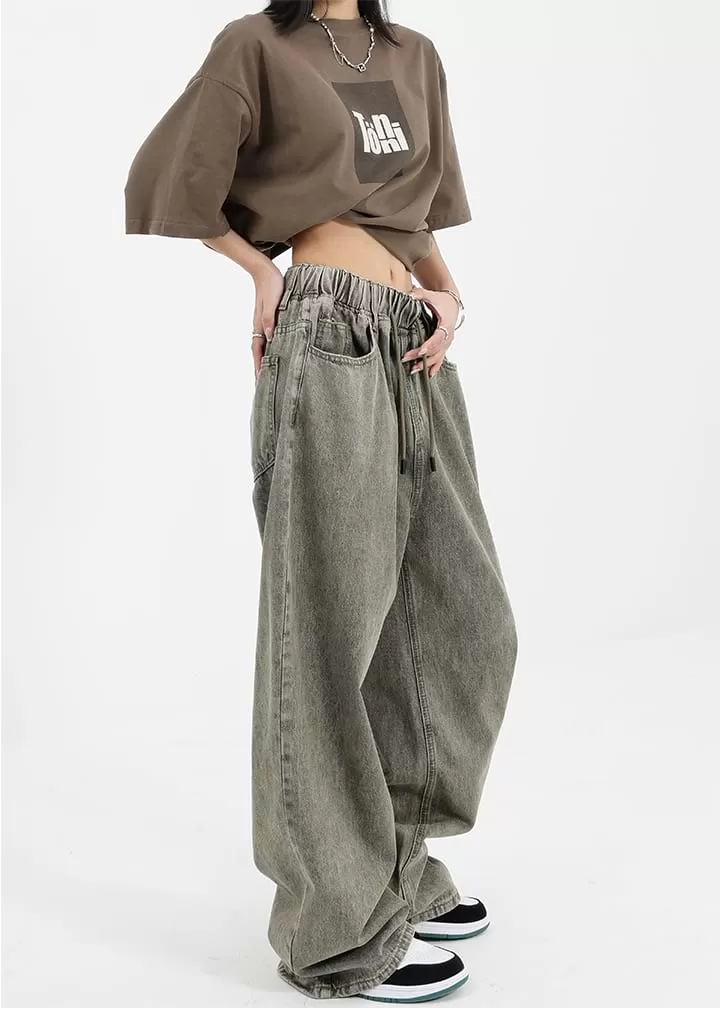 Elastic Waist Wide Leg Jeans