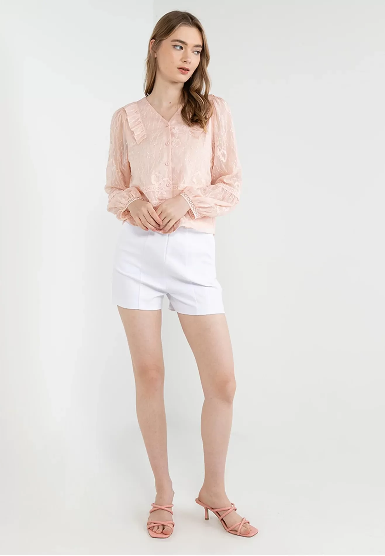 ELLE Apparel Blossom Lace Long Sleeves Button Blouse