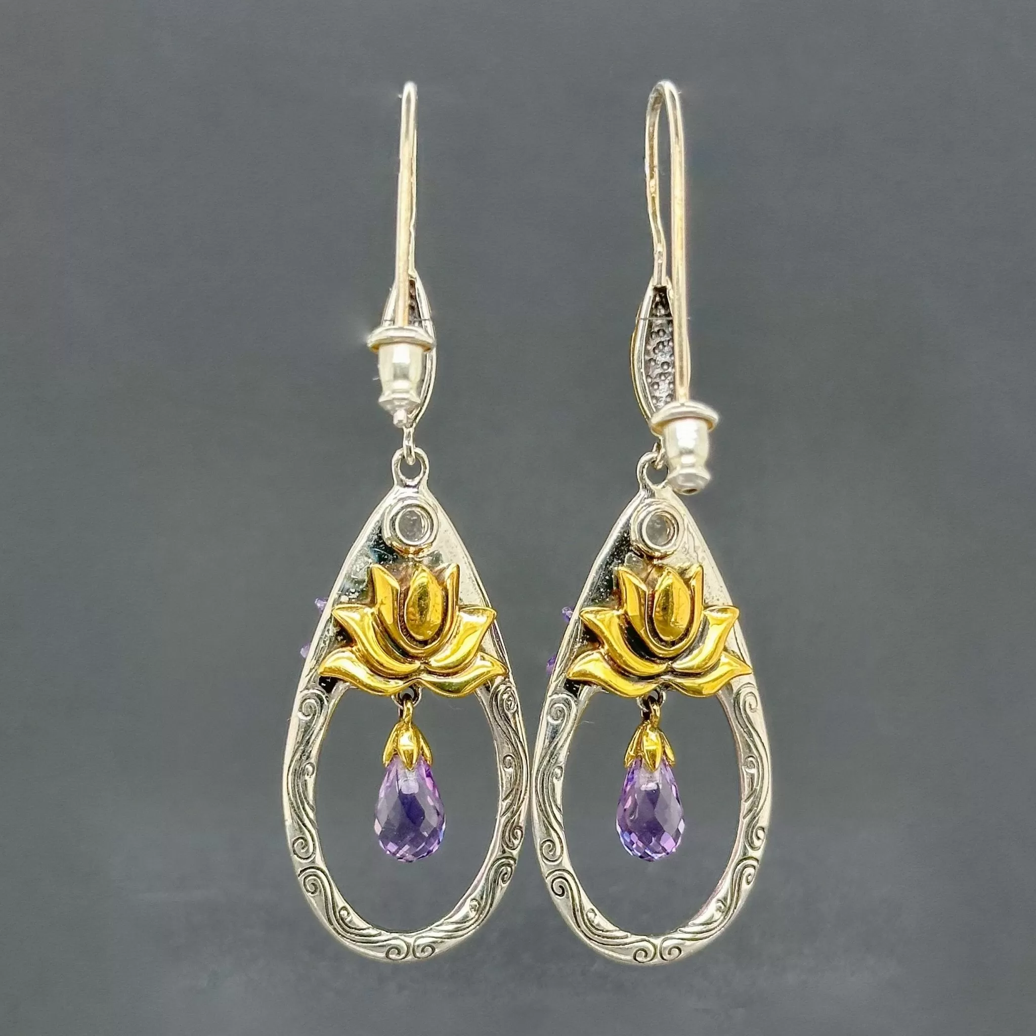 Estate SS Purple Lotus Flower Dangle Earrings