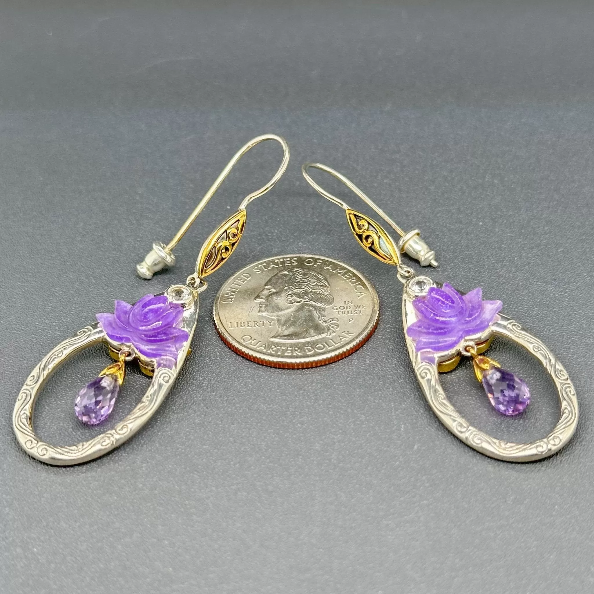 Estate SS Purple Lotus Flower Dangle Earrings