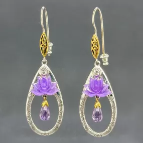 Estate SS Purple Lotus Flower Dangle Earrings