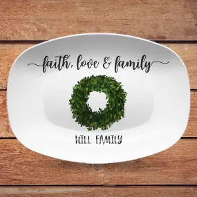 Faith, Love & Family | Grateful, Joyful, Blessed | Personalized Platter | Greenery or Red Berry Wreath