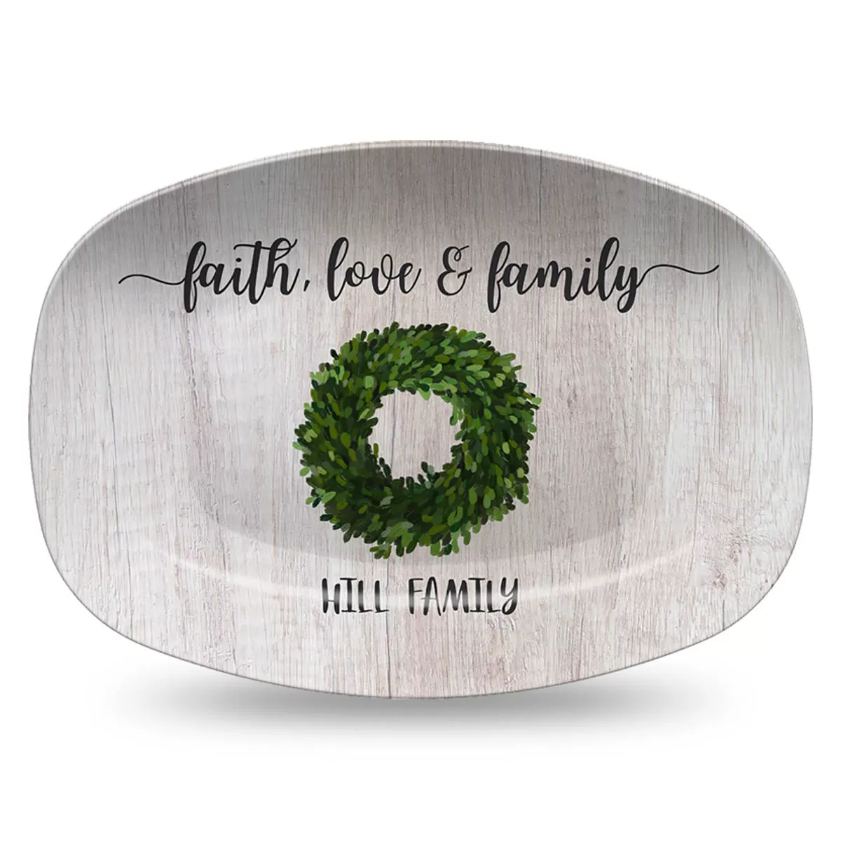 Faith, Love & Family | Grateful, Joyful, Blessed | Personalized Platter | Greenery or Red Berry Wreath