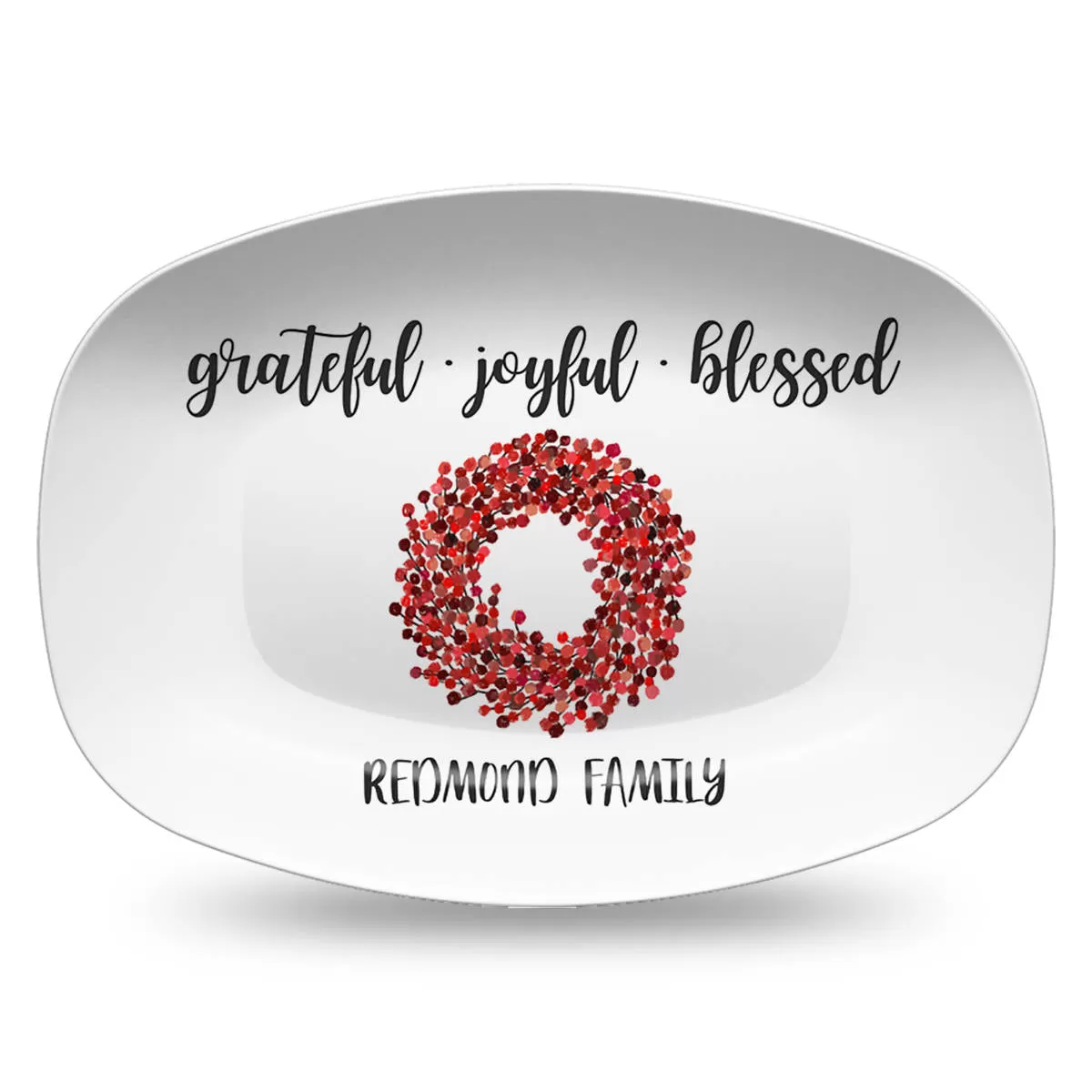 Faith, Love & Family | Grateful, Joyful, Blessed | Personalized Platter | Greenery or Red Berry Wreath