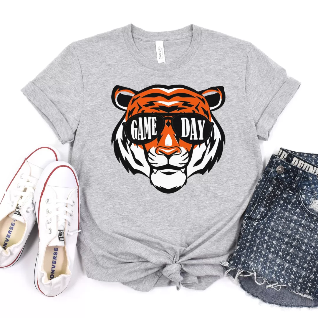 Game Day Tiger with Sunglasses T-shirt on Athletic Grey