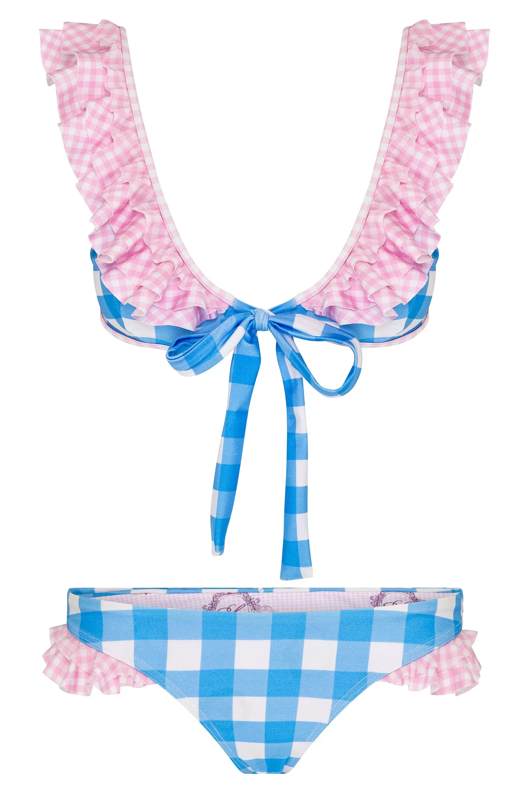 Gingham Ruffle Tie Front Bikini Top