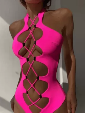 LACE UP BRAZILIAN SWIMSUIT - PINK