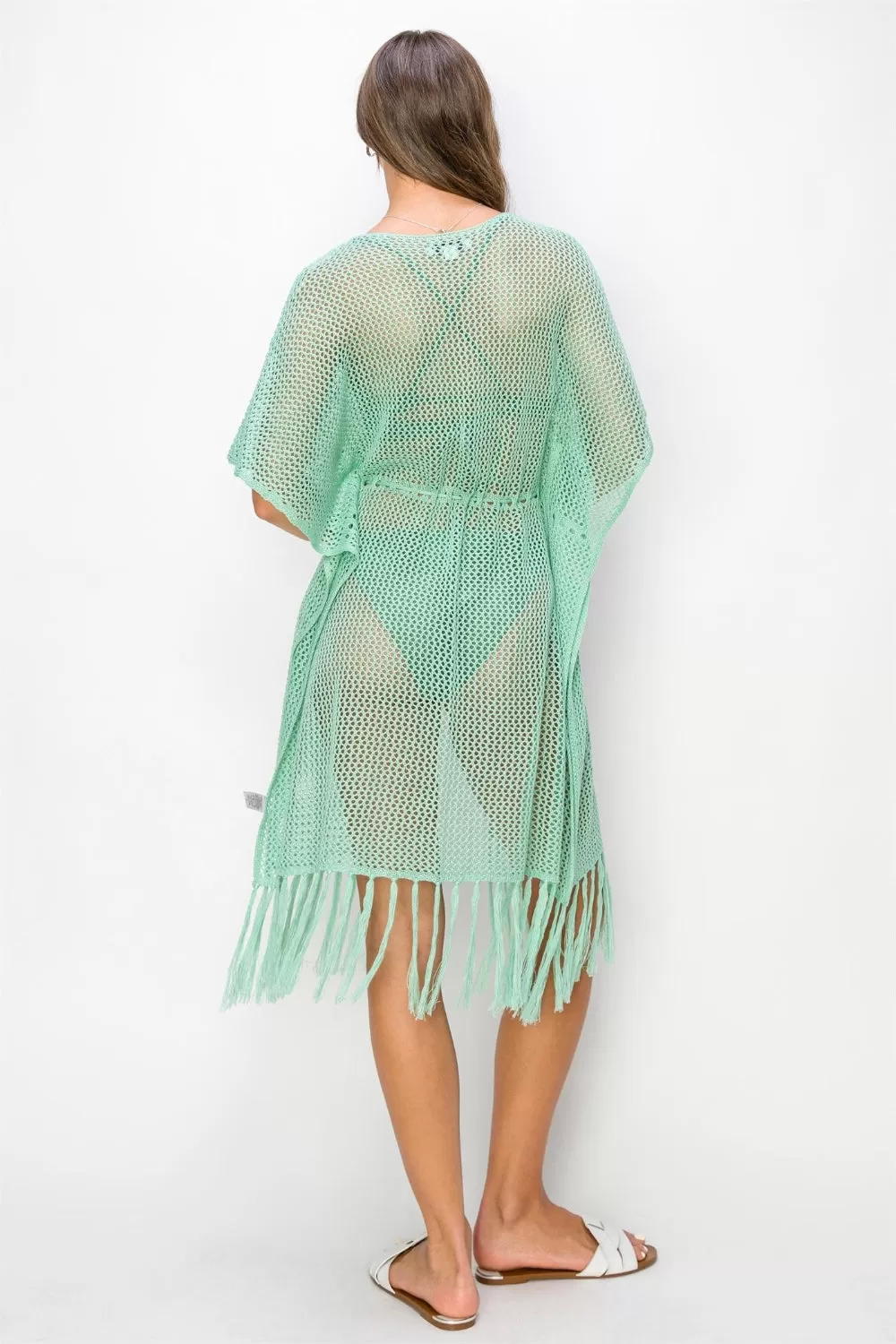 Mint Green Drawstring Waist Fringed Hem Cover Up