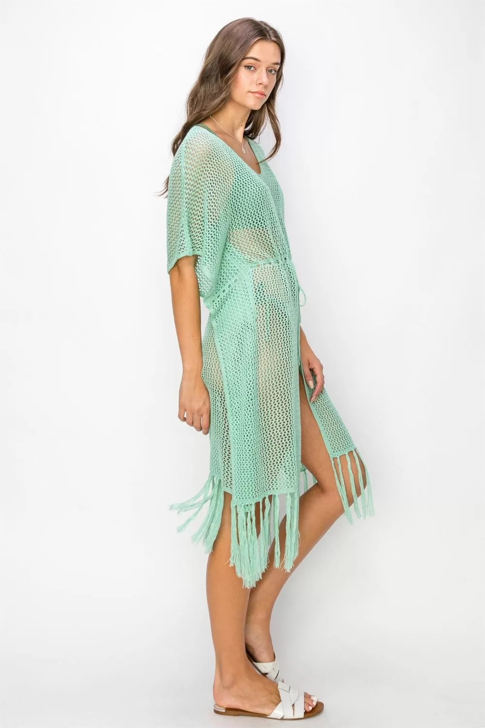 Mint Green Drawstring Waist Fringed Hem Cover Up