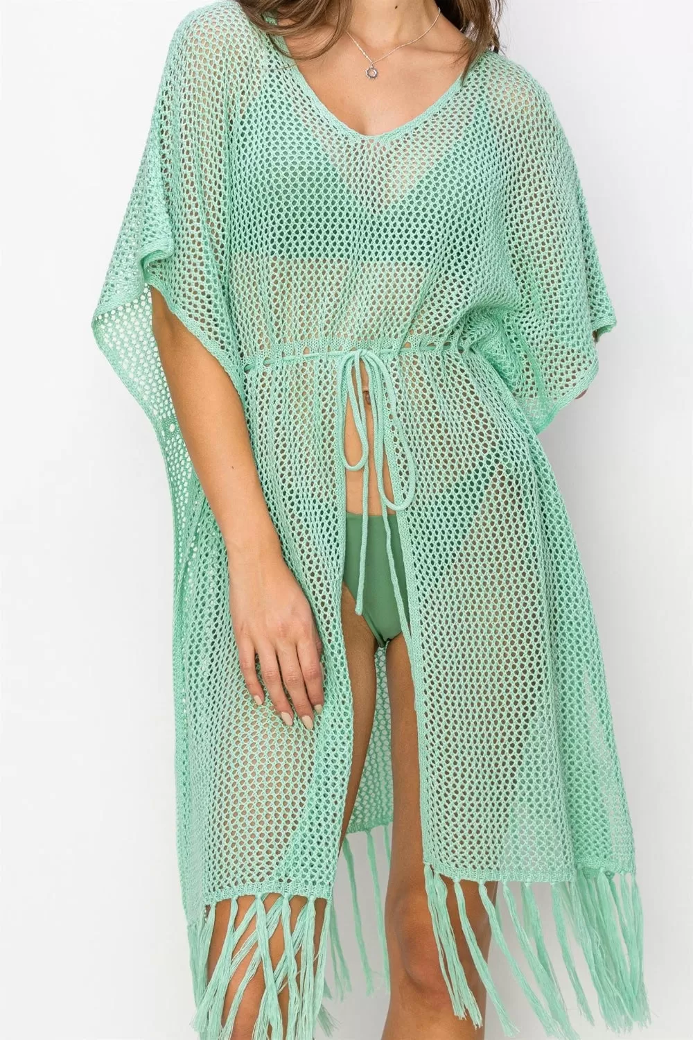 Mint Green Drawstring Waist Fringed Hem Cover Up