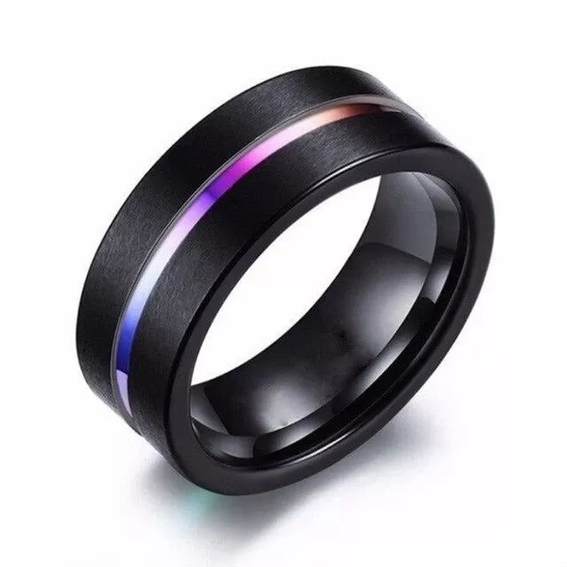 Rainbow and Purple Cubic Zirconia Stainless Steel Wedding Ring Set