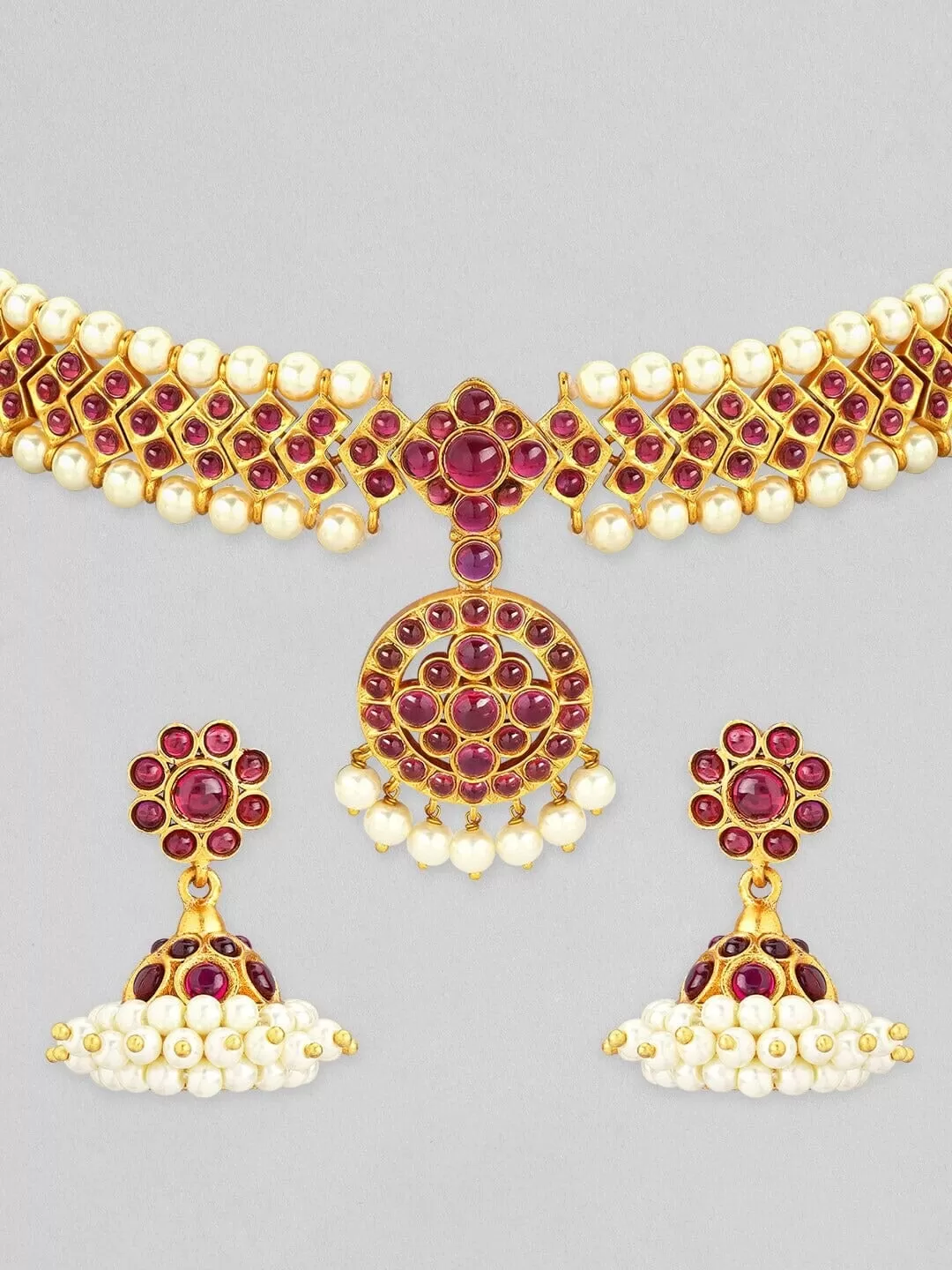 Rubans Gold-Plated Ruby & Pearl Studded Choker Set