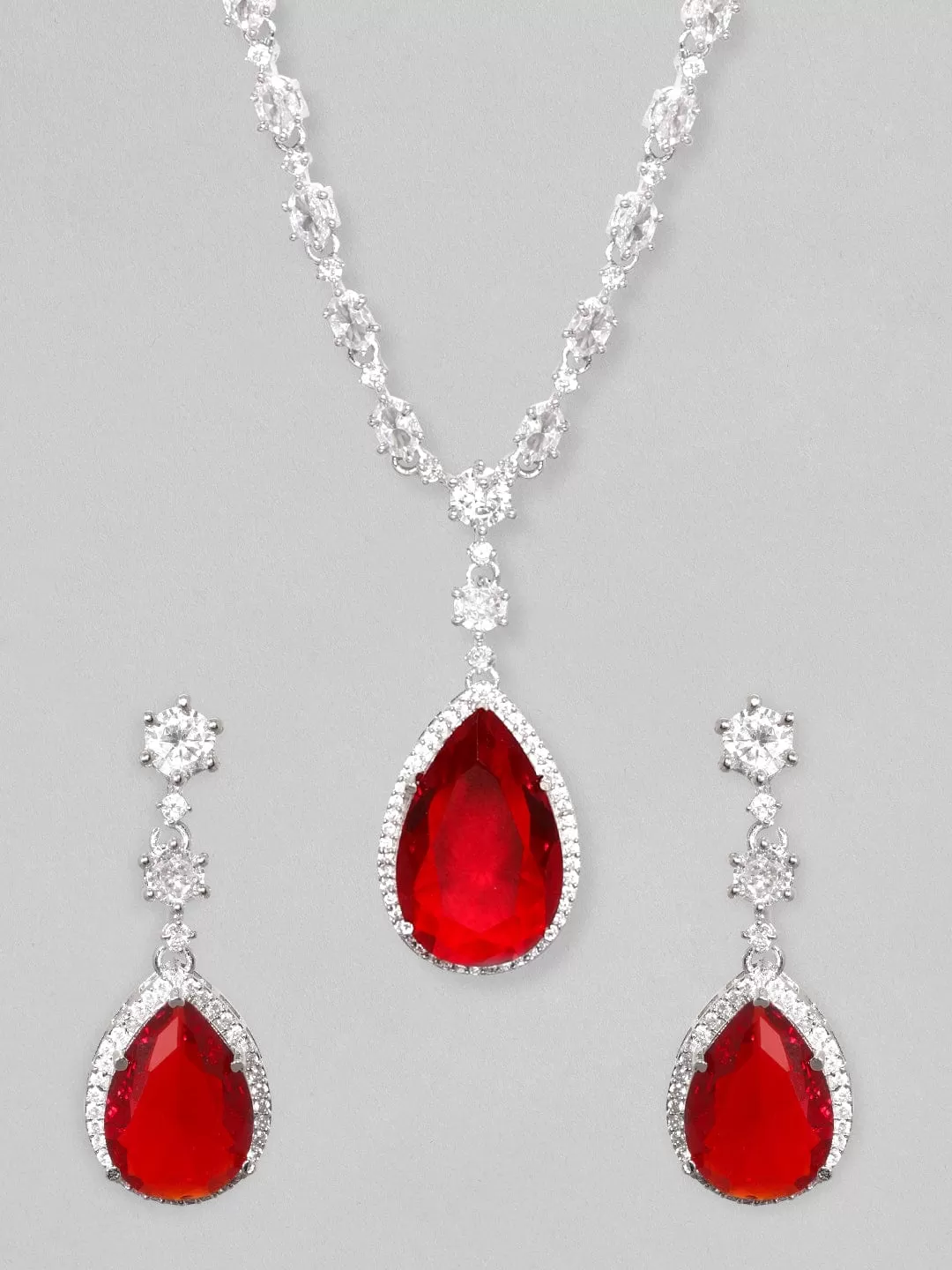 Rubans High Rhodium Finish, Premium White & Red Zircons Studded Party Wear Jewellery Set.