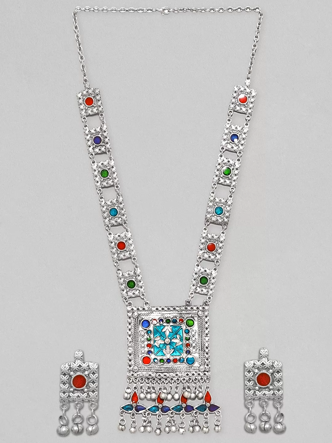 Rubans Oxidized Silver Plated Multicolour Stone Studded Long Necklace Set