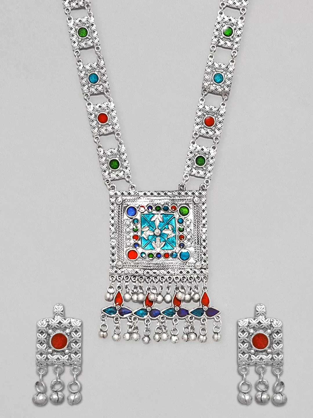 Rubans Oxidized Silver Plated Multicolour Stone Studded Long Necklace Set