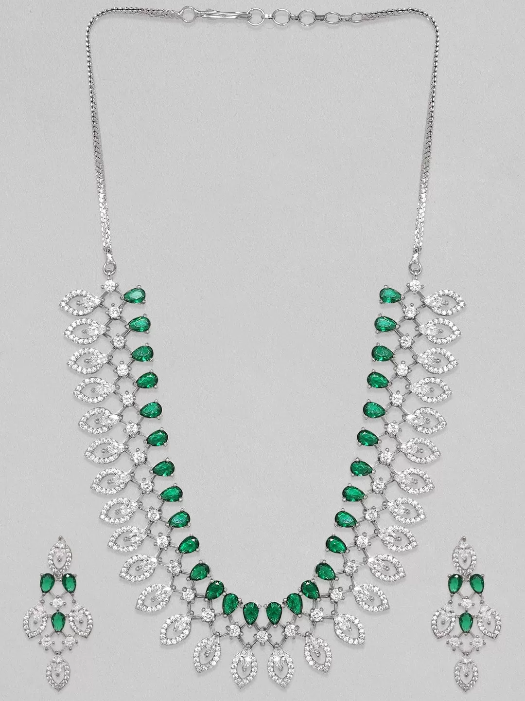 Rubans Rhodium-Plated Premium White & Green Zircons Studded Party Wear Statement Jewellery Set