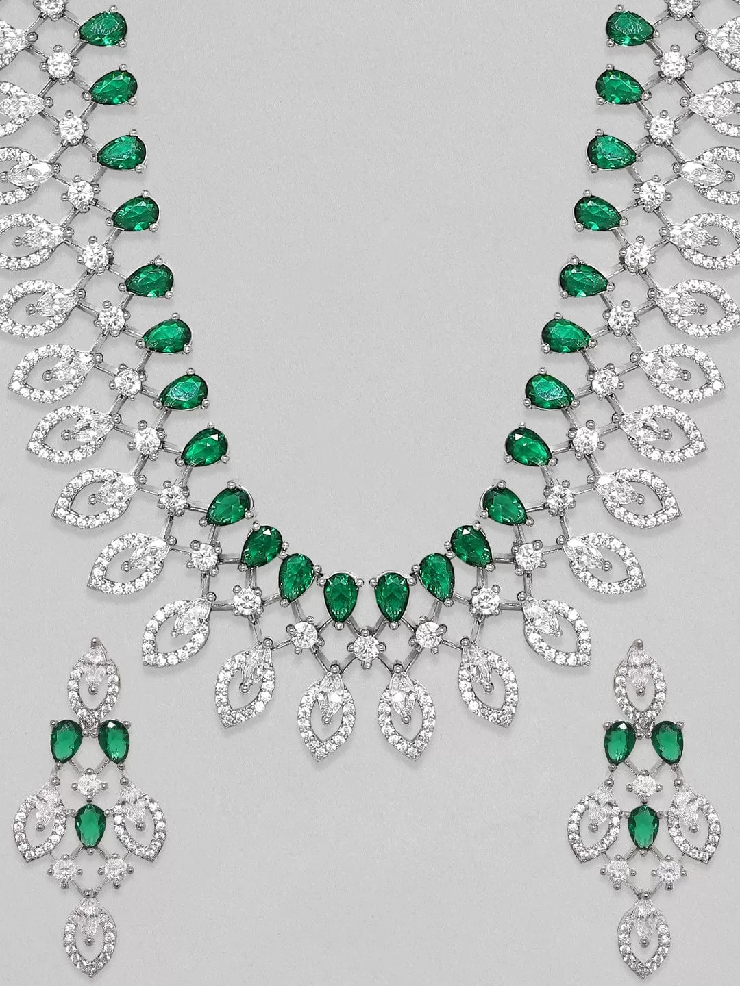 Rubans Rhodium-Plated Premium White & Green Zircons Studded Party Wear Statement Jewellery Set