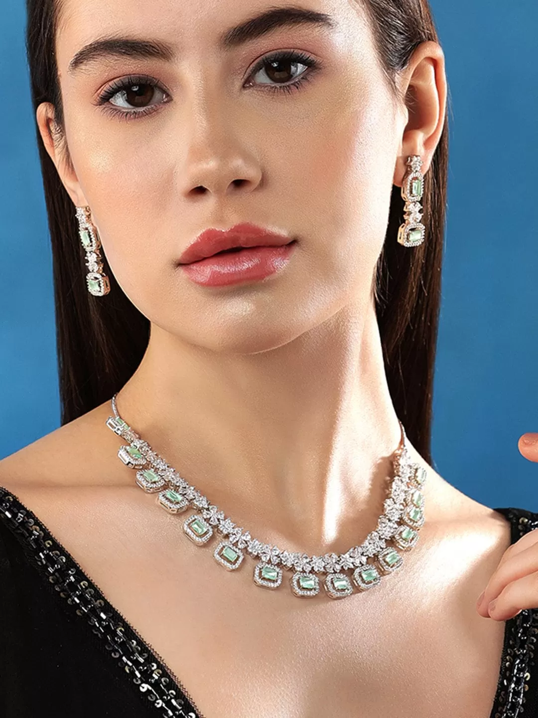 Rubans Rhodium-Plated Premium White & Mint Green Zircons Studded Patterned Statement Party Wear Jewellery Set