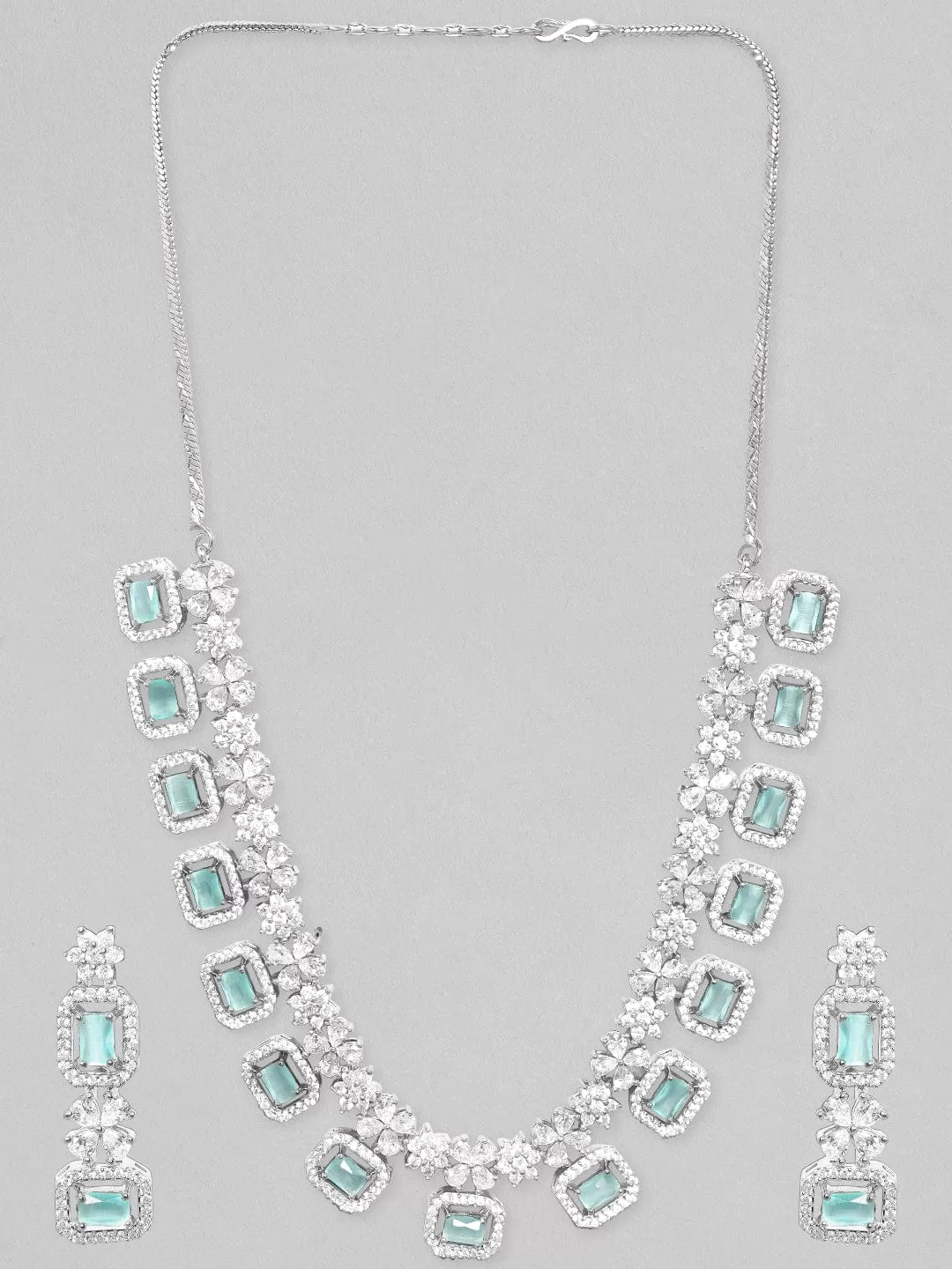 Rubans Rhodium-Plated Premium White & Mint Green Zircons Studded Patterned Statement Party Wear Jewellery Set