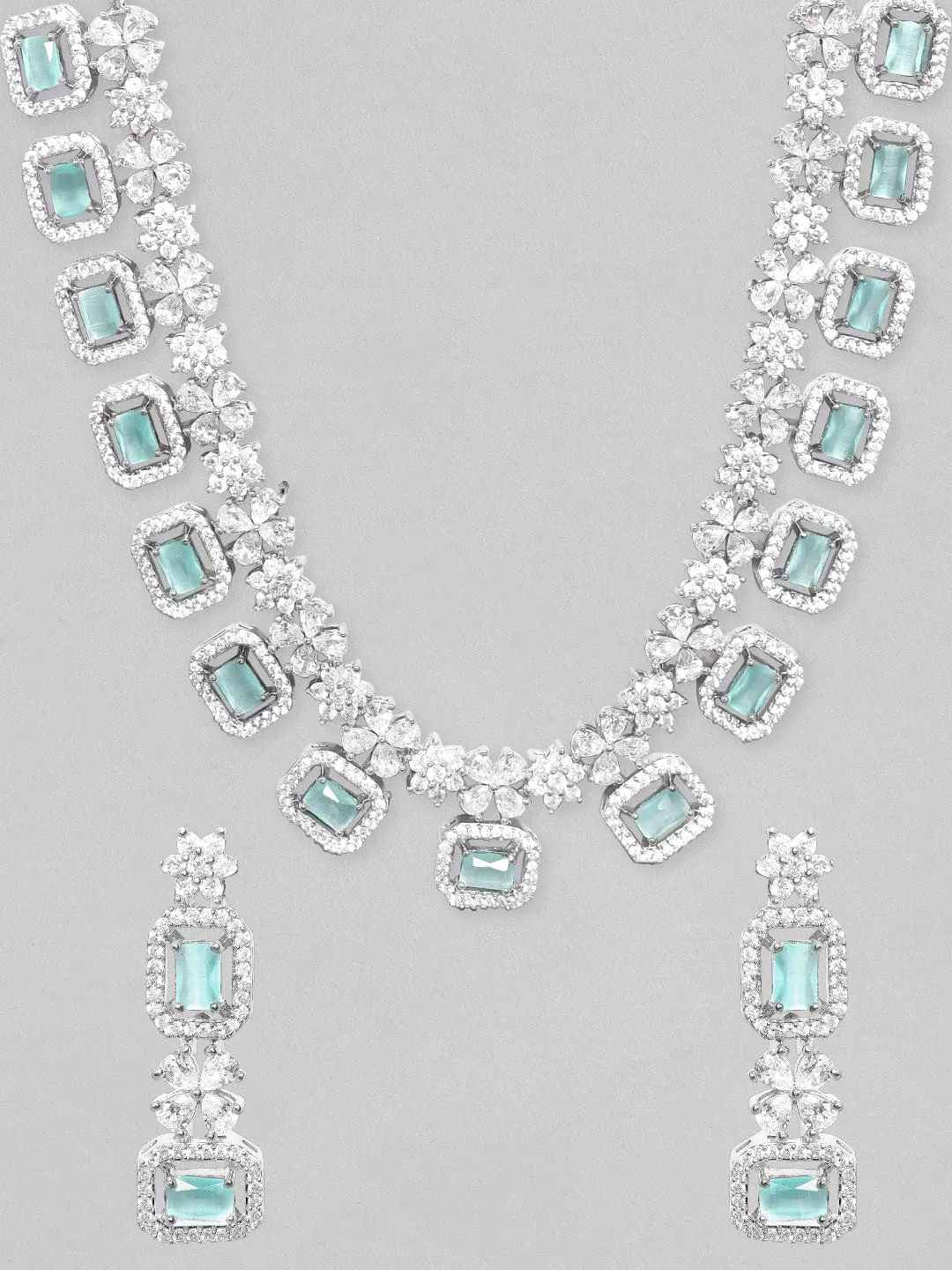 Rubans Rhodium-Plated Premium White & Mint Green Zircons Studded Patterned Statement Party Wear Jewellery Set