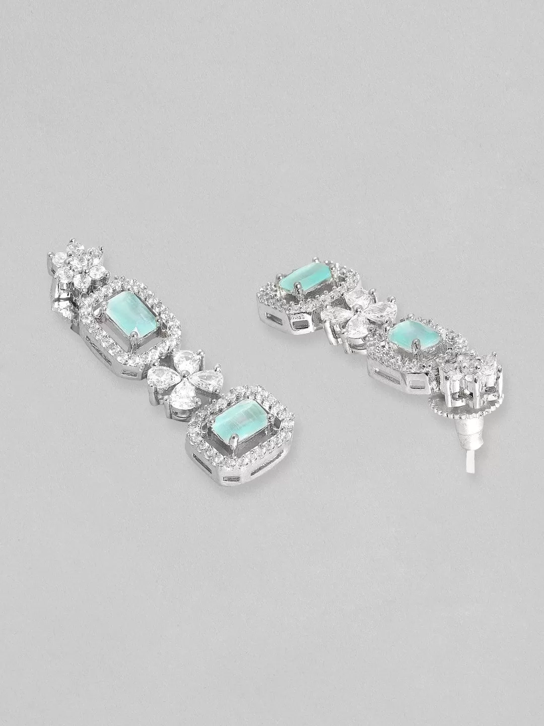 Rubans Rhodium-Plated Premium White & Mint Green Zircons Studded Patterned Statement Party Wear Jewellery Set