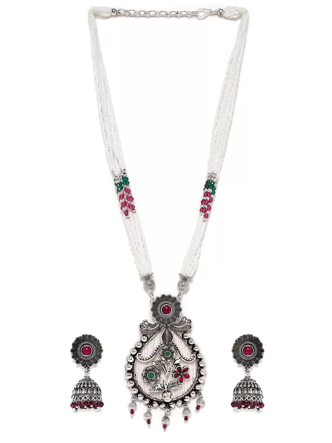 Rubans Silver Oxidized Pink & Green Pearl Beaded Necklace Set