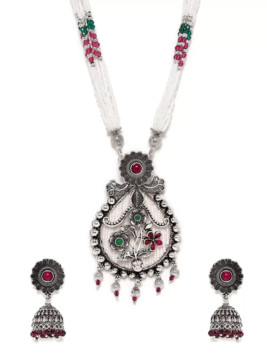 Rubans Silver Oxidized Pink & Green Pearl Beaded Necklace Set