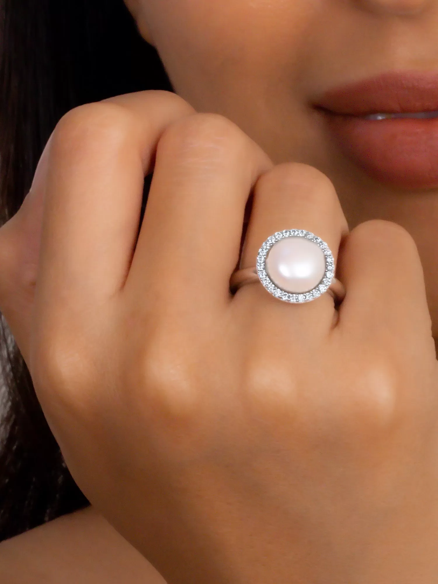 Single Pearl 925 Silver Big Ring For Women