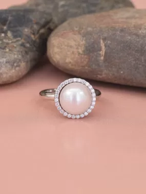 Single Pearl 925 Silver Big Ring For Women